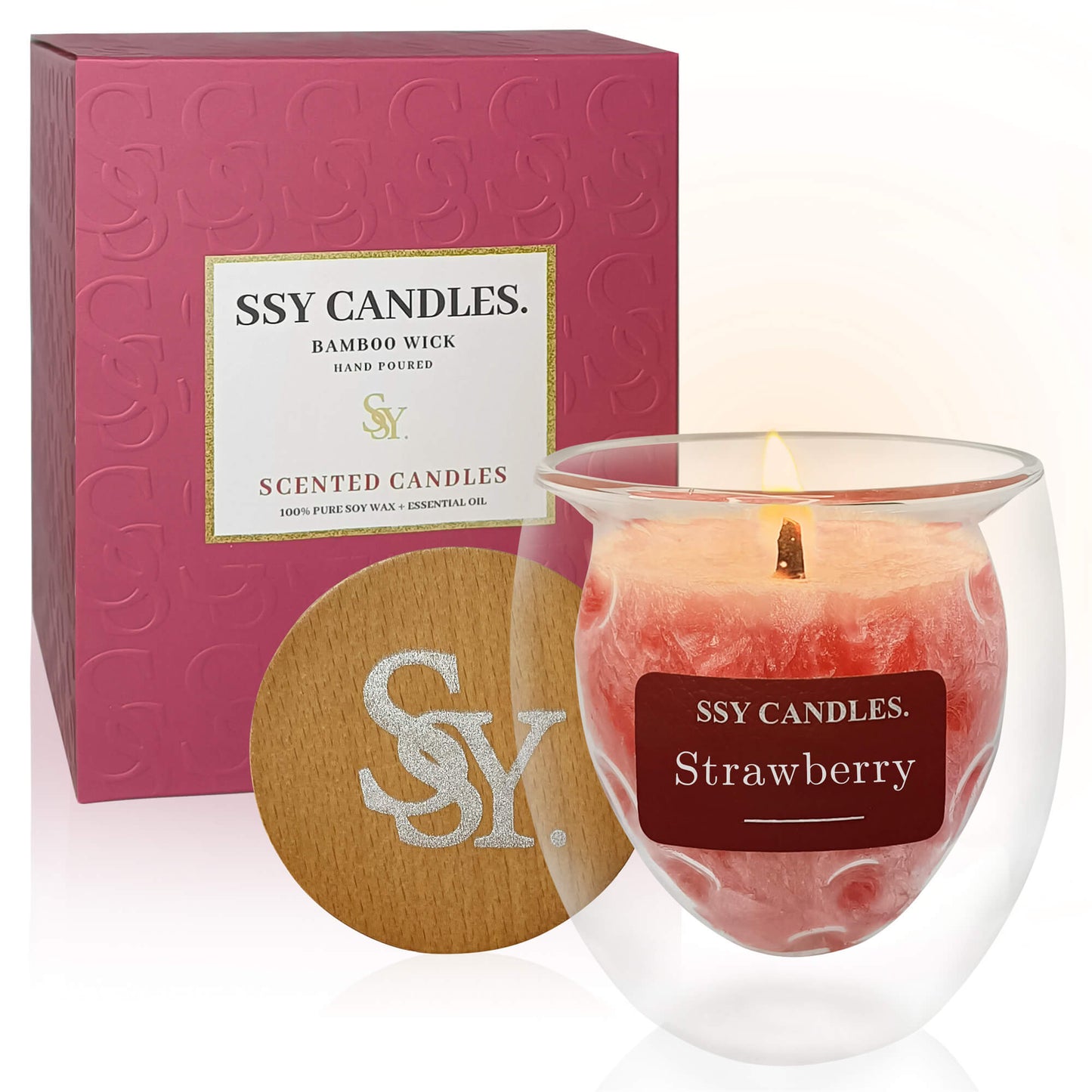 SSY Candles Strawberry Candle Scent Pretty Scented Candles Wooden Wick & Soy Wax Library Scented Candle