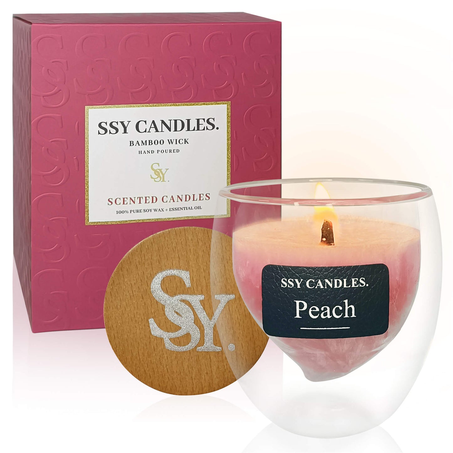 Velas SSY Vela de melocotón con aroma Velas perfumadas bonitas Mecha de madera y cera de soja Vela perfumada de biblioteca