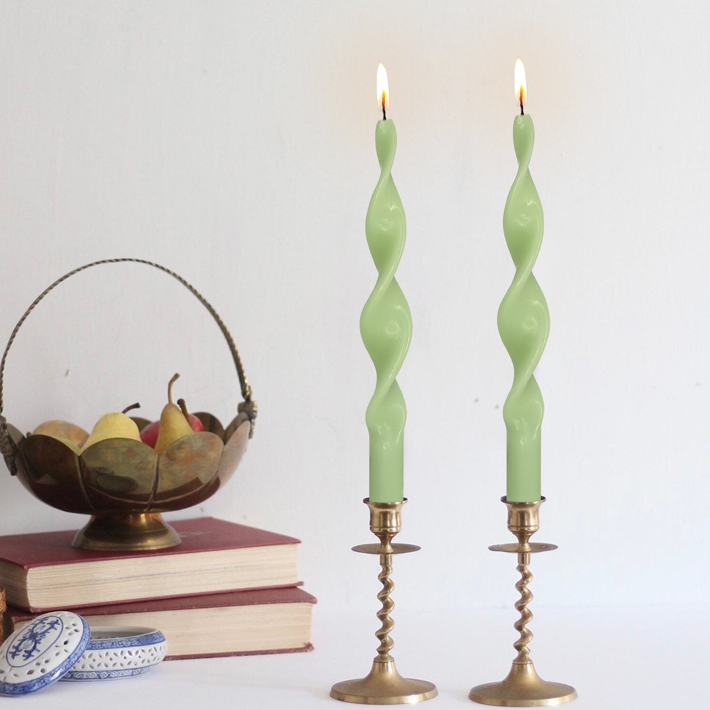 10 Inch Handmade Light Green Spiral Taper Candles, Pack of 2