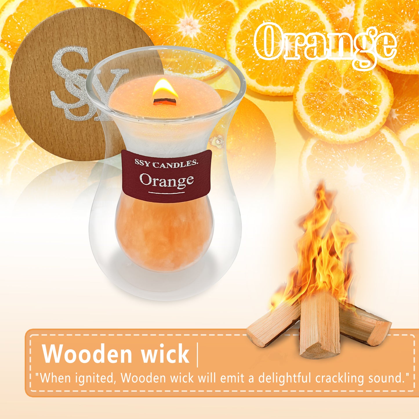 SSY Candles Orange Candle Scent Pretty Scented Candles Wooden Wick & Soy Wax Library Scented Candle