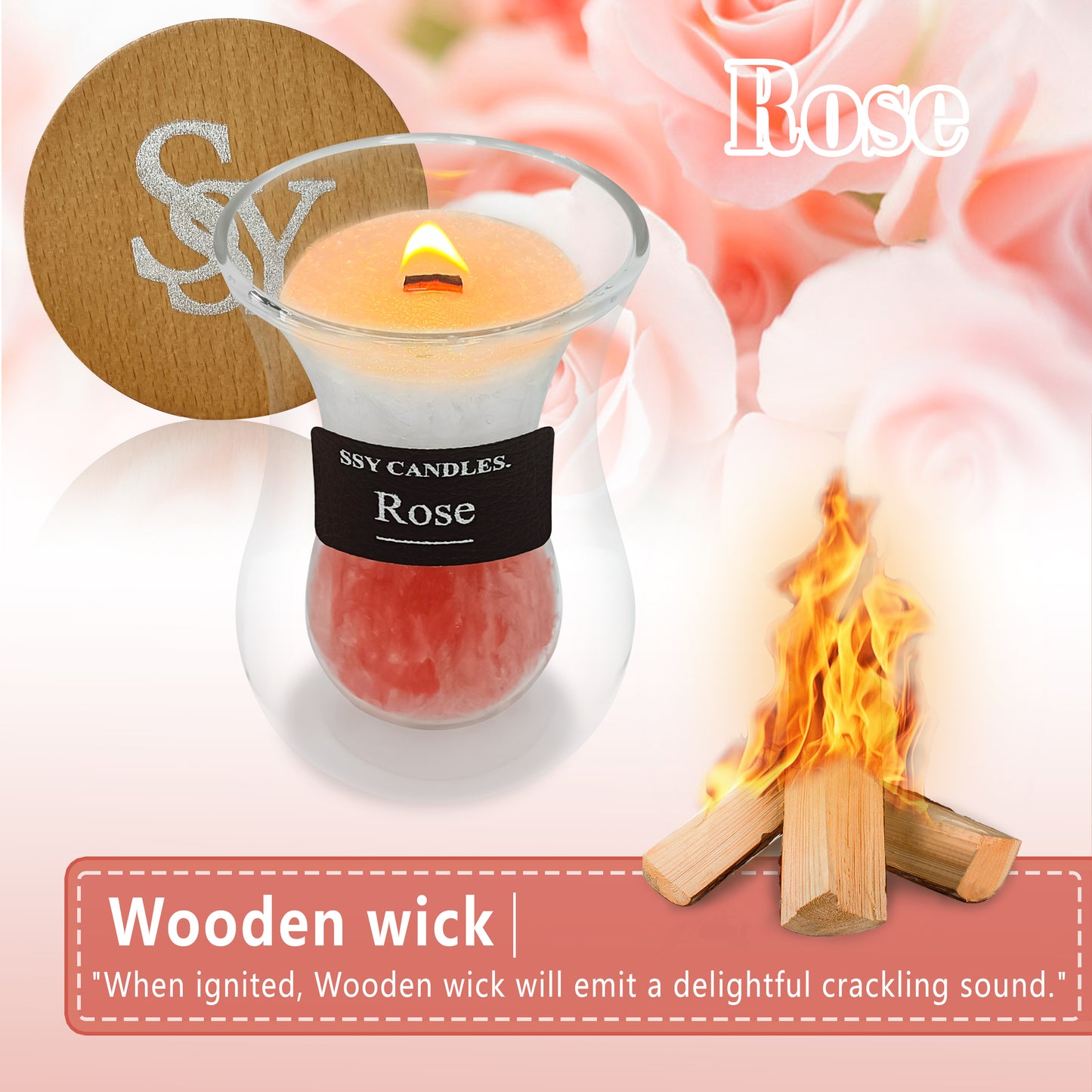 SSY Candles Rose Candle Scent Pretty Scented Candles Wooden Wick & Soy Wax Library Scented Candle