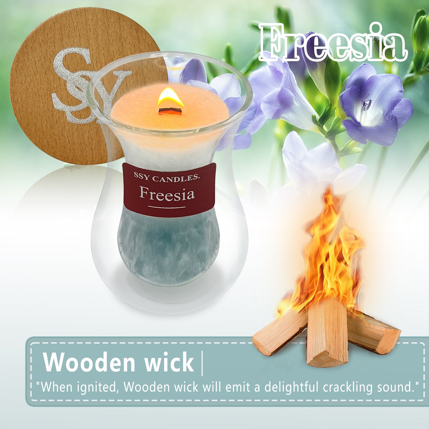 SSY Candles Freesia Candle Scent Pretty Scented Candles Wooden Wick & Soy Wax Library Scented Candle