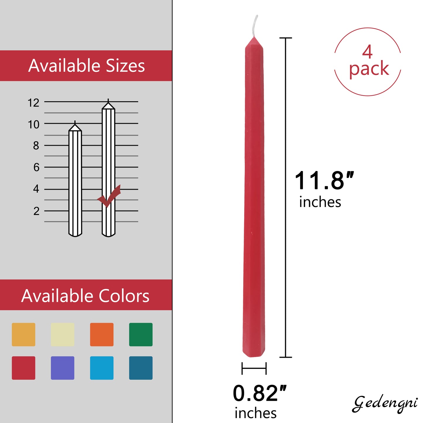 手作りのレッド12インチロングテーパーキャンドル4個セット