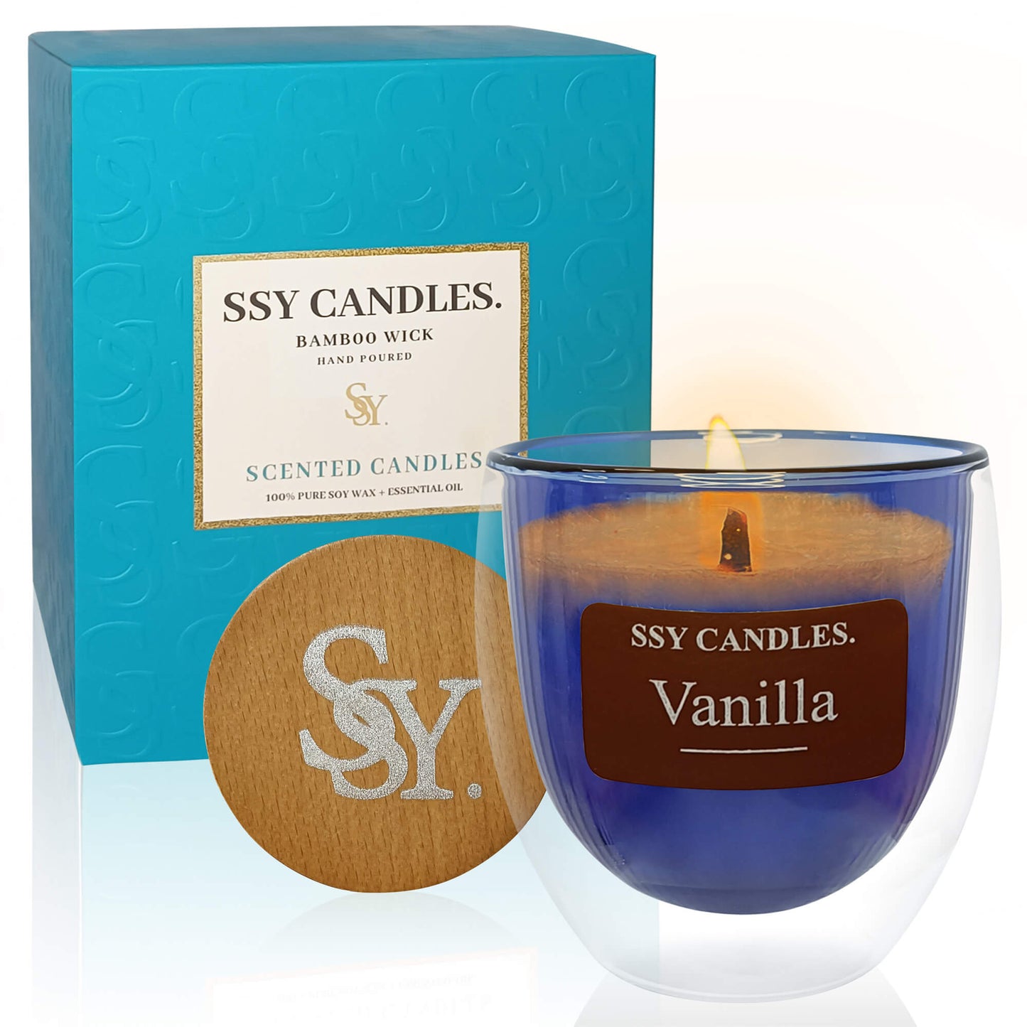 Velas aromáticas SSY Velas aromáticas bonitas Mecha de madera y cera de soja Vela aromática de biblioteca Azul-vainilla