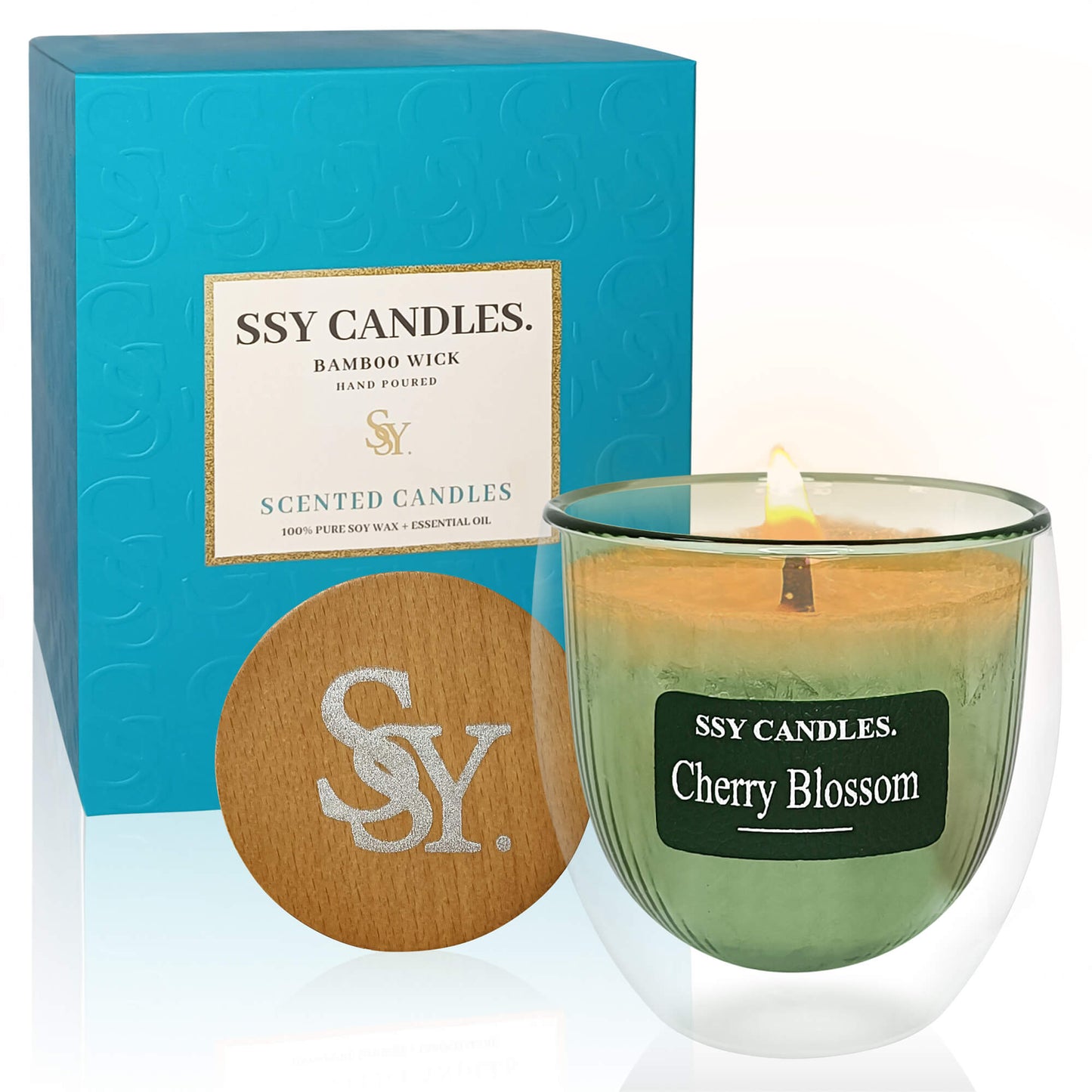 SSY Scented Candles Pretty Scented Candles Wooden Wick & Soy Wax Library Scented Candle Green-Cherry Blossom