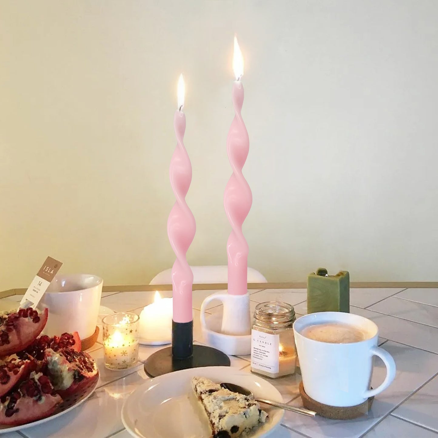 Velas cónicas en espiral rosas hechas a mano de 10 pulgadas, paquete de 2