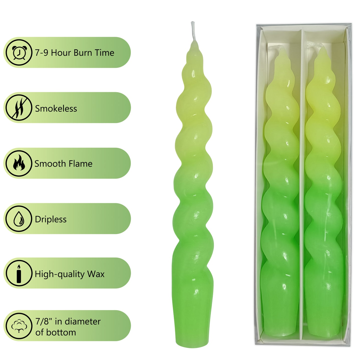 Juego de 2 velas cónicas en espiral verde amarillo de 7,5 pulgadas