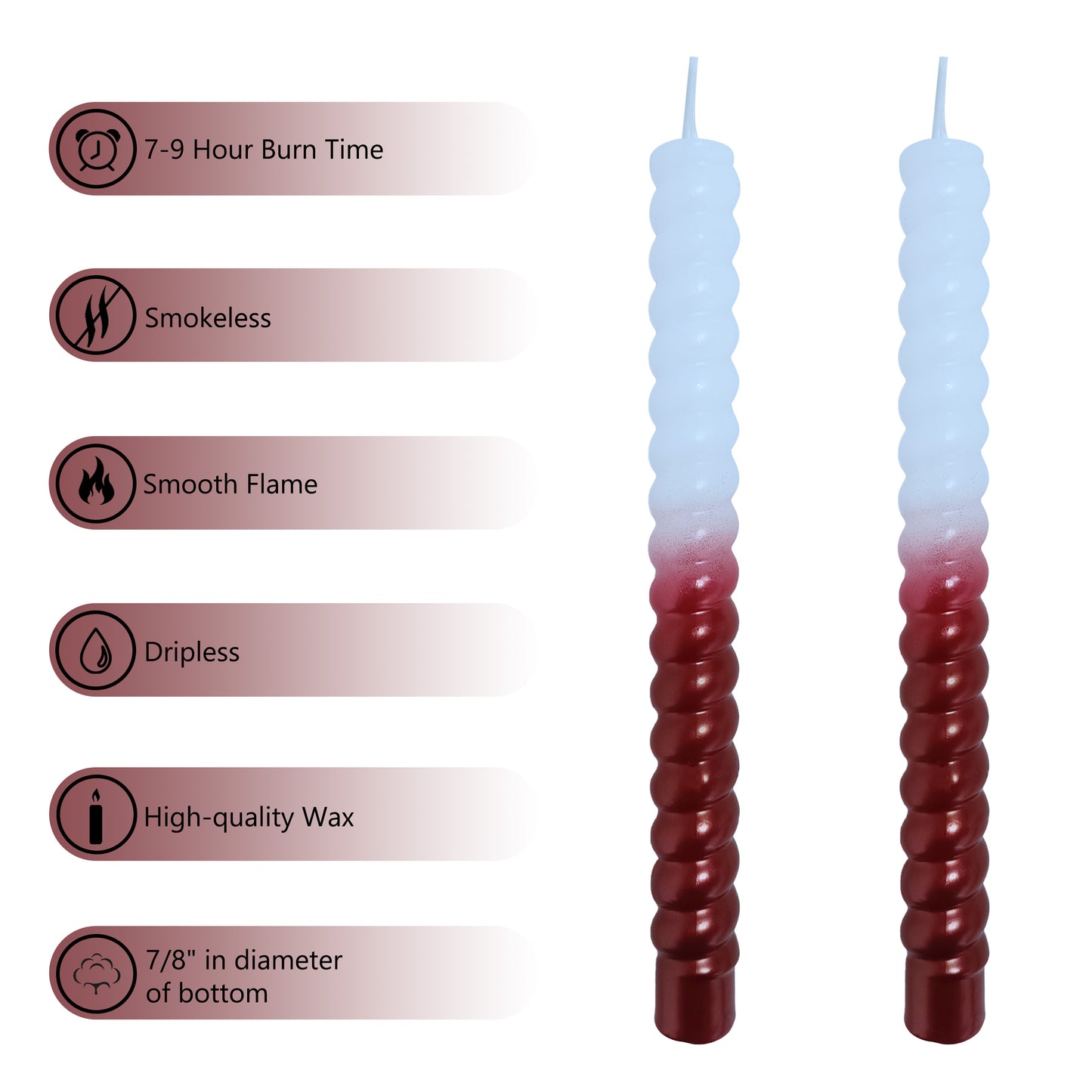 Juego de 2 velas en espiral blancas y rojas hechas a mano de 8,5 pulgadas