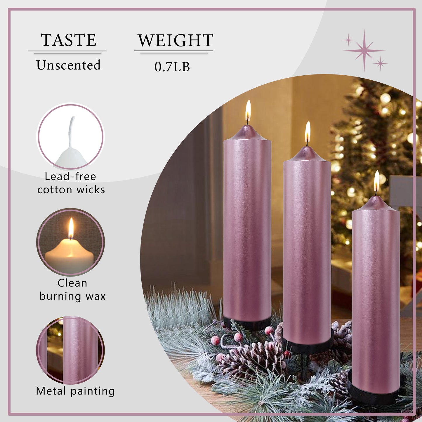 8 Inch Metallic Pink Pillar Candles 1pcs Pack