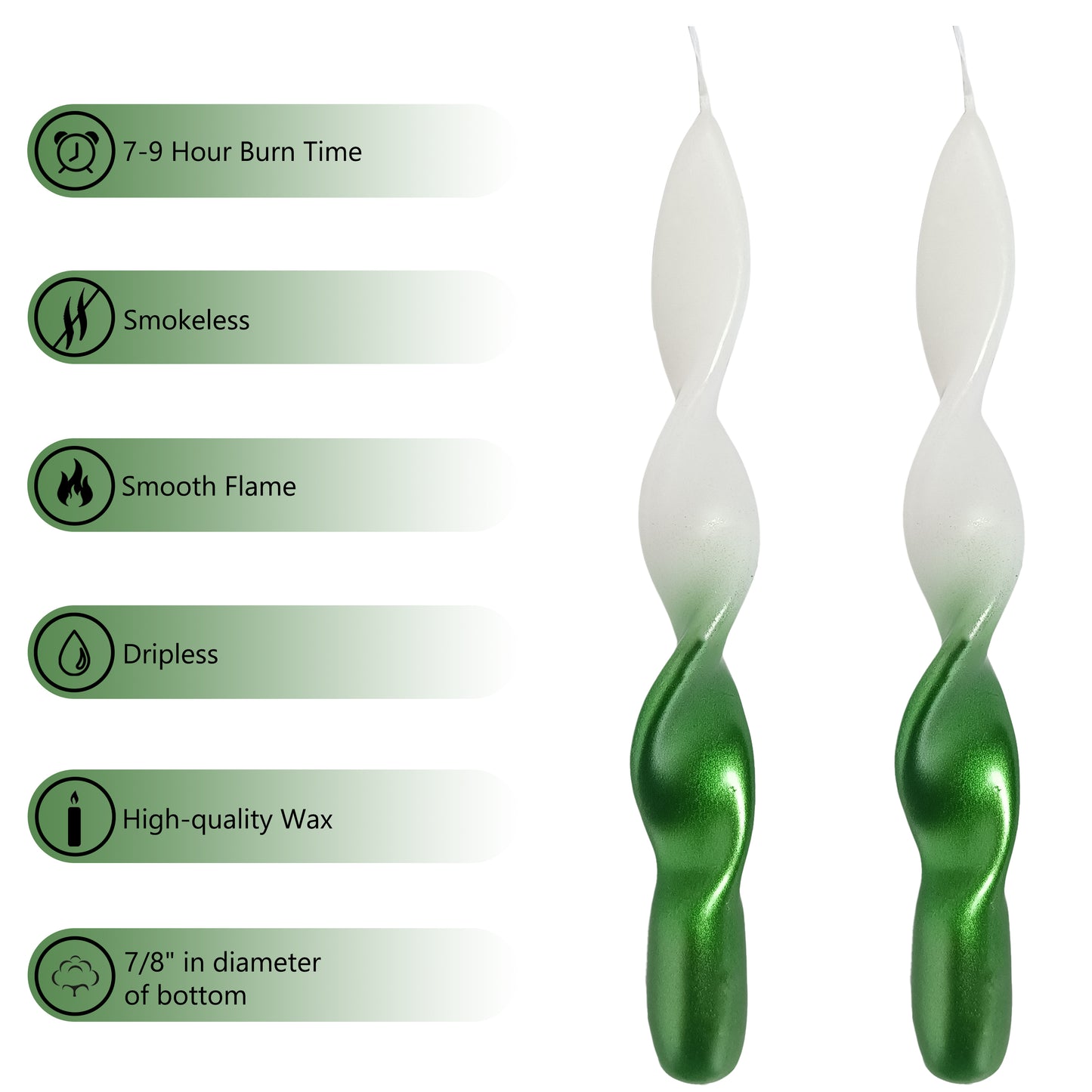 8.8 Inch Handmade Metallic White Green Spiral Candle Set of 2