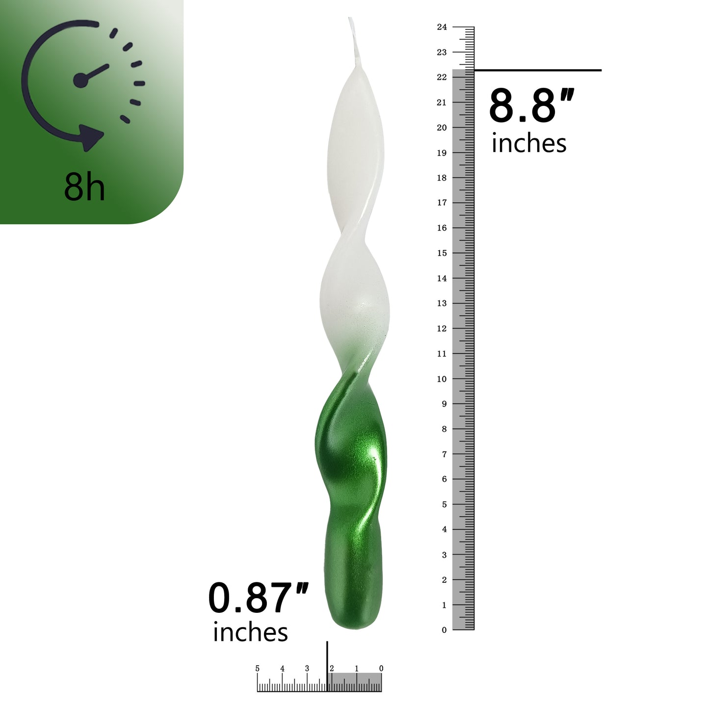 Vela espiral verde blanca metálica hecha a mano de 8.8 pulgadas Juego de 2