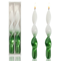 8.8 Inch Handmade Metallic White Green Spiral Candle Set of 2