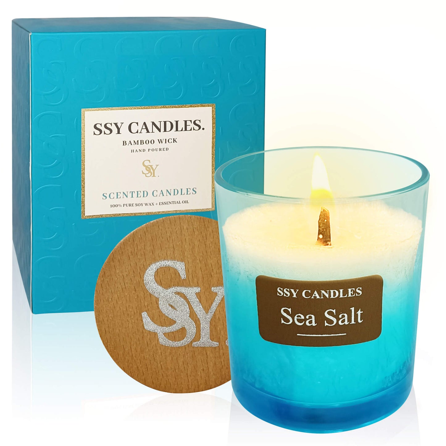 Velas SSY Mejor vela perfumada Tarro de sal marina Velas perfumadas Juego de regalo Vela Aroma Nombre Ideas Gradiente azul