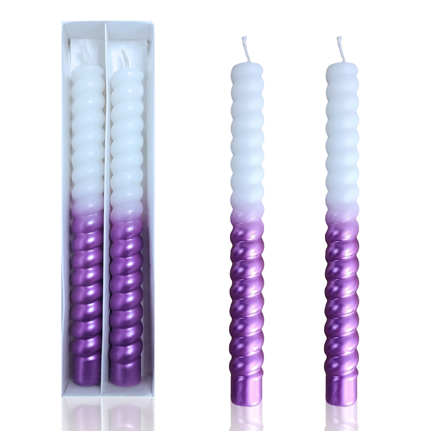 8.5 Inch Handmade White Purple Spiral Candle Set of 2