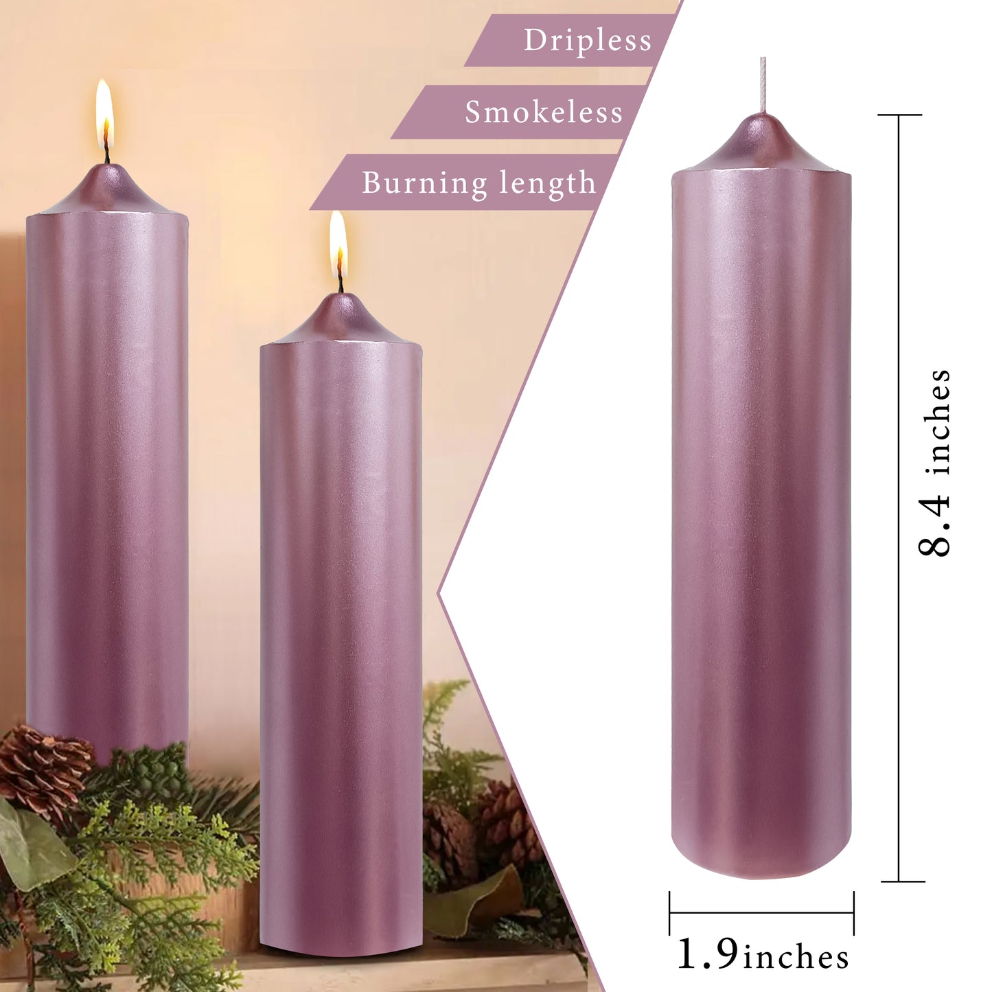 8 Inch Metallic Pink Pillar Candles 1pcs Pack