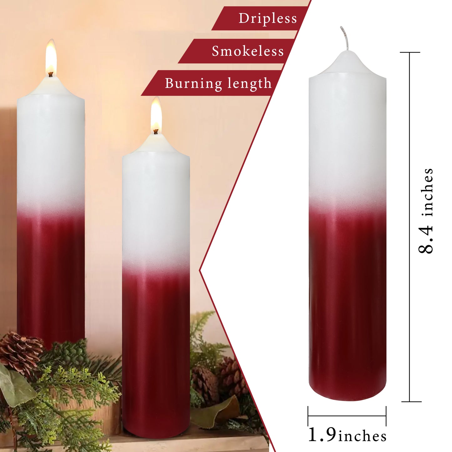 Velas de pilar rojo blanco metálico de 8 pulgadas, paquete de 1 Uds.