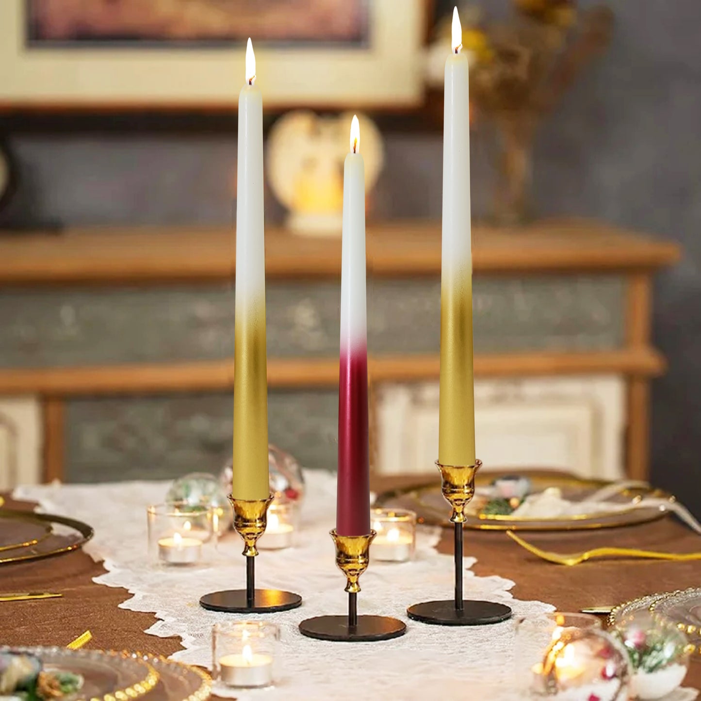 9.5 Inch Dinner Decor Metal Mixed Color Taper Candle Set of 2