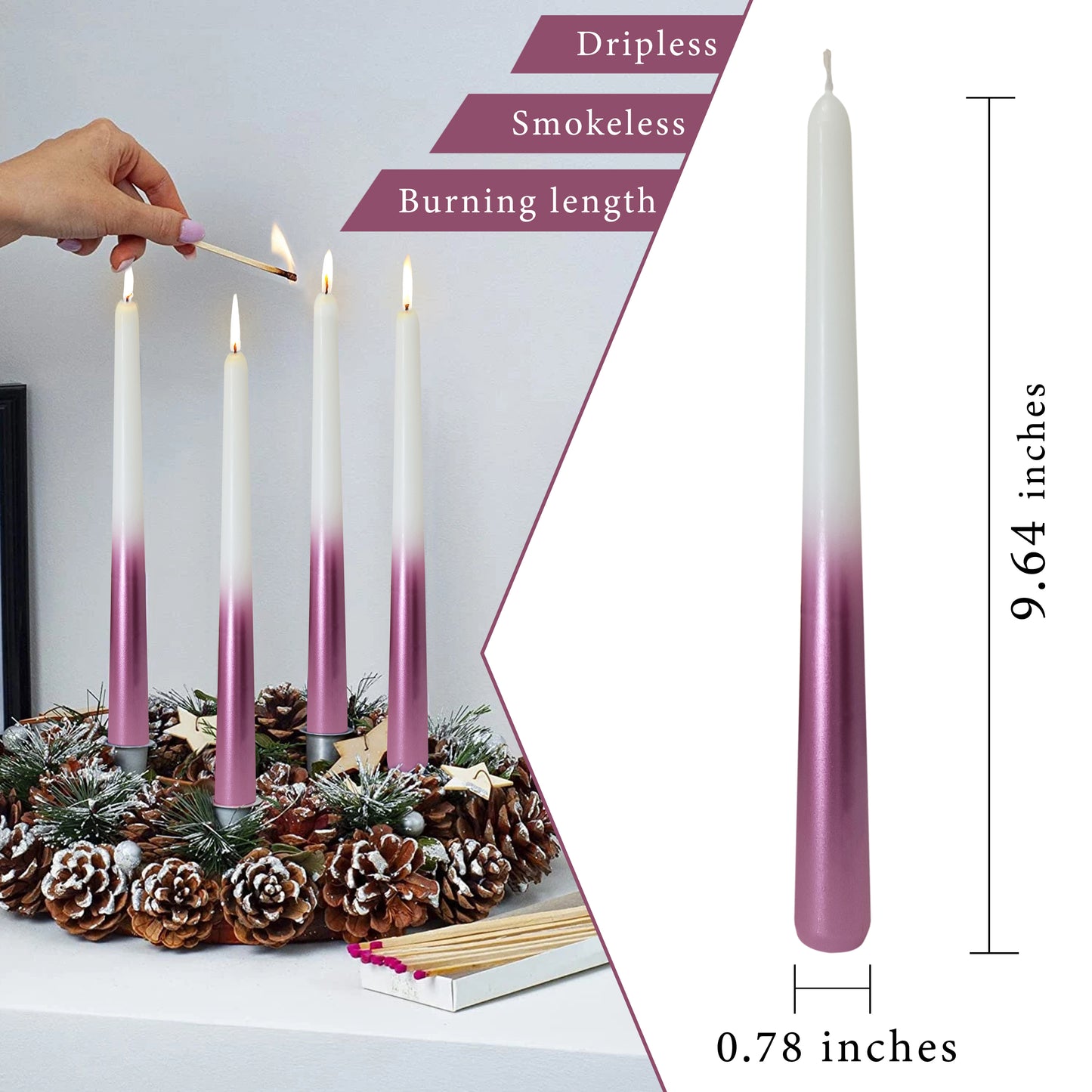 Juego de 2 velas cónicas de metal blanco y rosa para decoración de cenas de 9,5 pulgadas