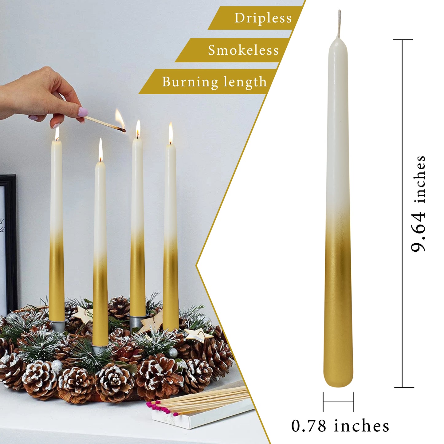 9.5 Inch Dinner Decor Metal White Gold Taper Candle Set of 2