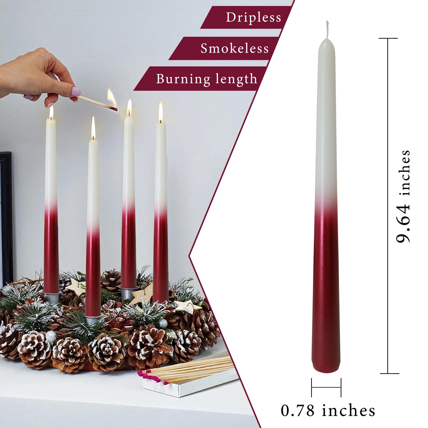 Juego de 2 velas cónicas rojas blancas de metal para decoración de cenas de 9,5 pulgadas