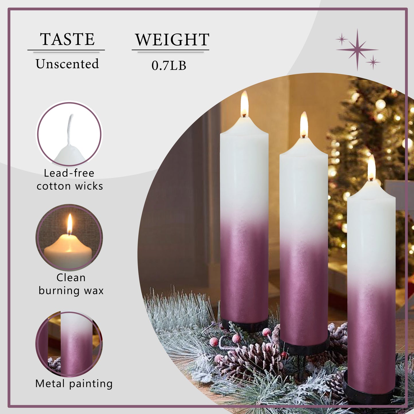 8 Inch Metallic White Pink Pillar Candles 1pcs Pack