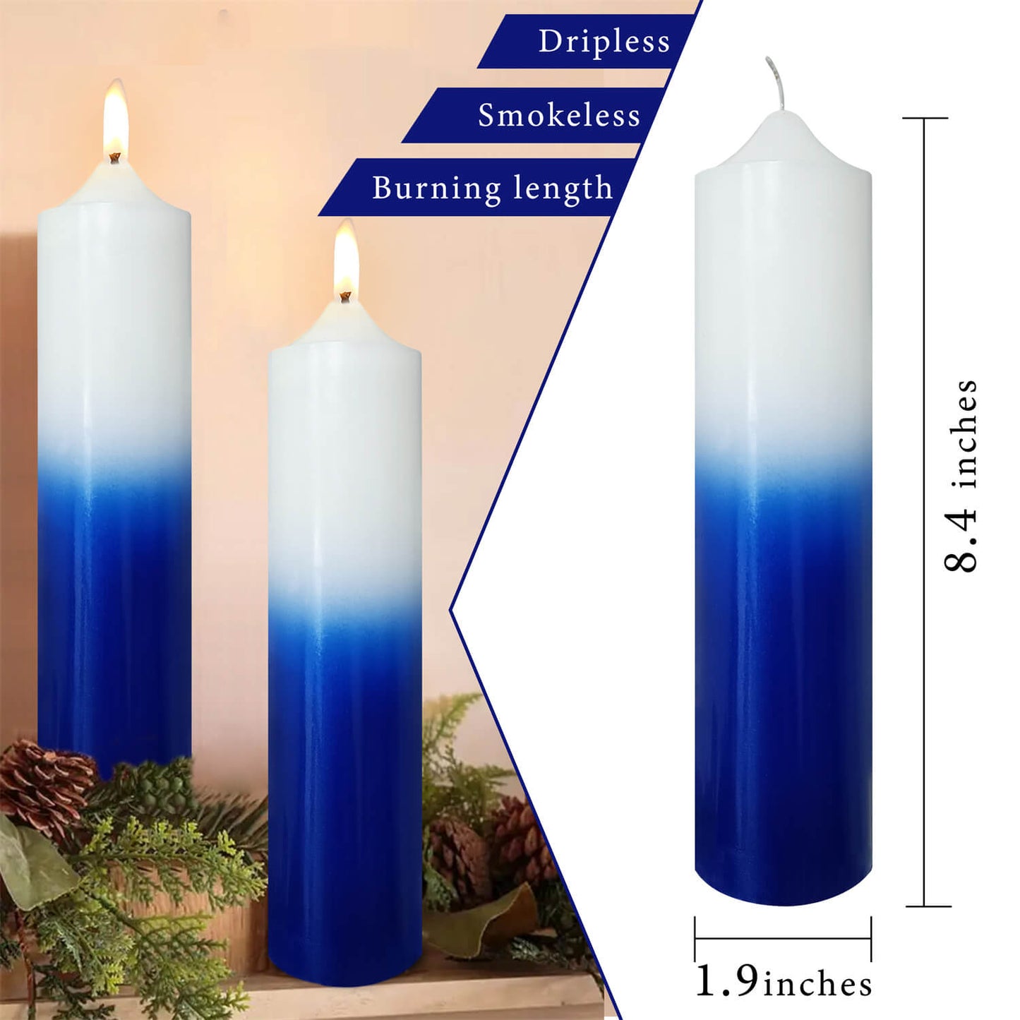 Velas de pilar azul blanco metálico de 8 pulgadas, paquete de 1 Uds.