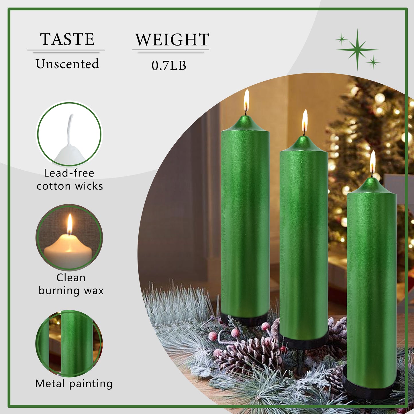 8 Inch Metallic Green Pillar Candles 1pcs Pack