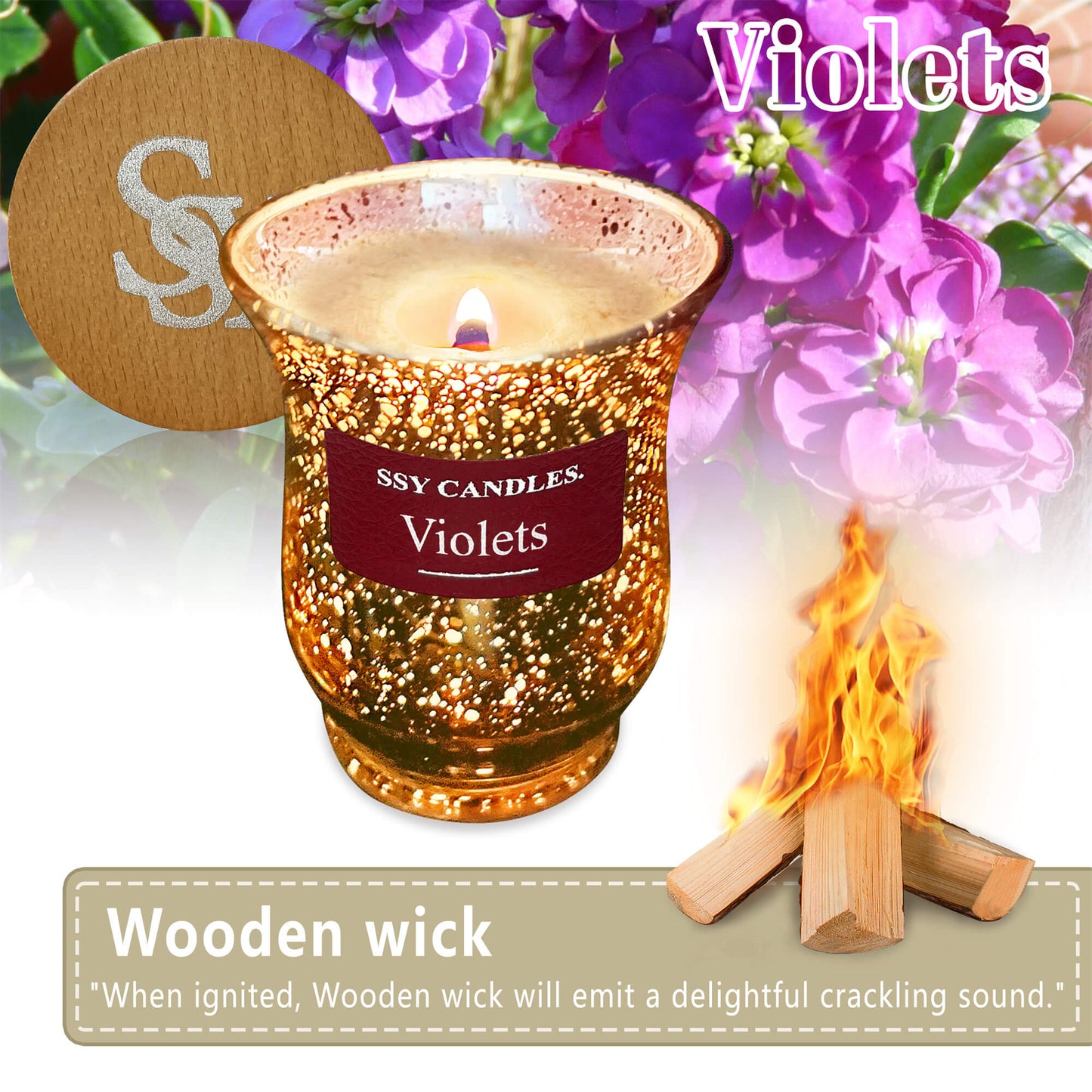 SSY Candles Violets Candle Scent Pretty Scented Candles Wooden Wick & Soy Wax Library Scented Candle