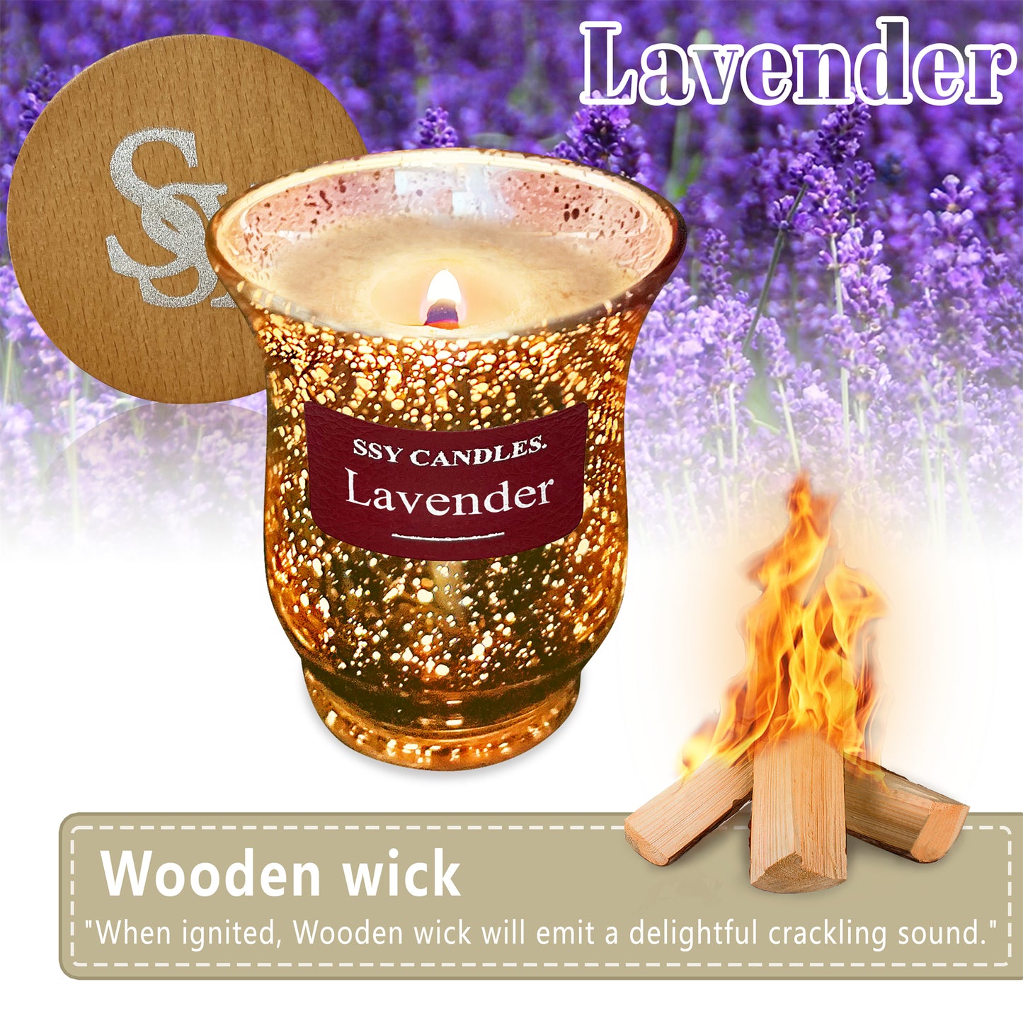 SSY Candle Lavender Scented Candles,Wooden Wick Scented Flameless Candles, Healthy Scented Homemade Candles