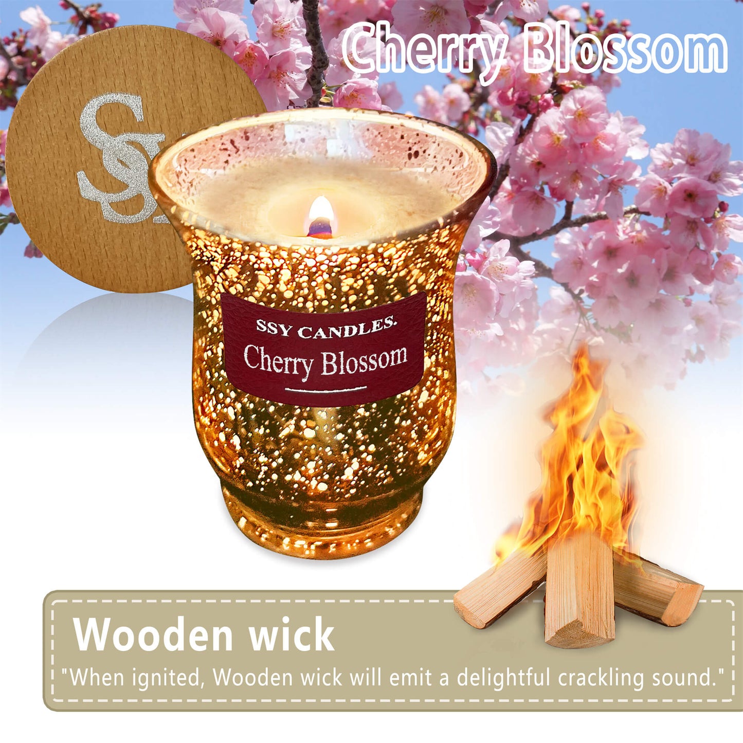 SSY Candles Cherry Blossom Candle Scent Pretty Scented Candles Wooden Wick & Soy Wax Library Scented Candle