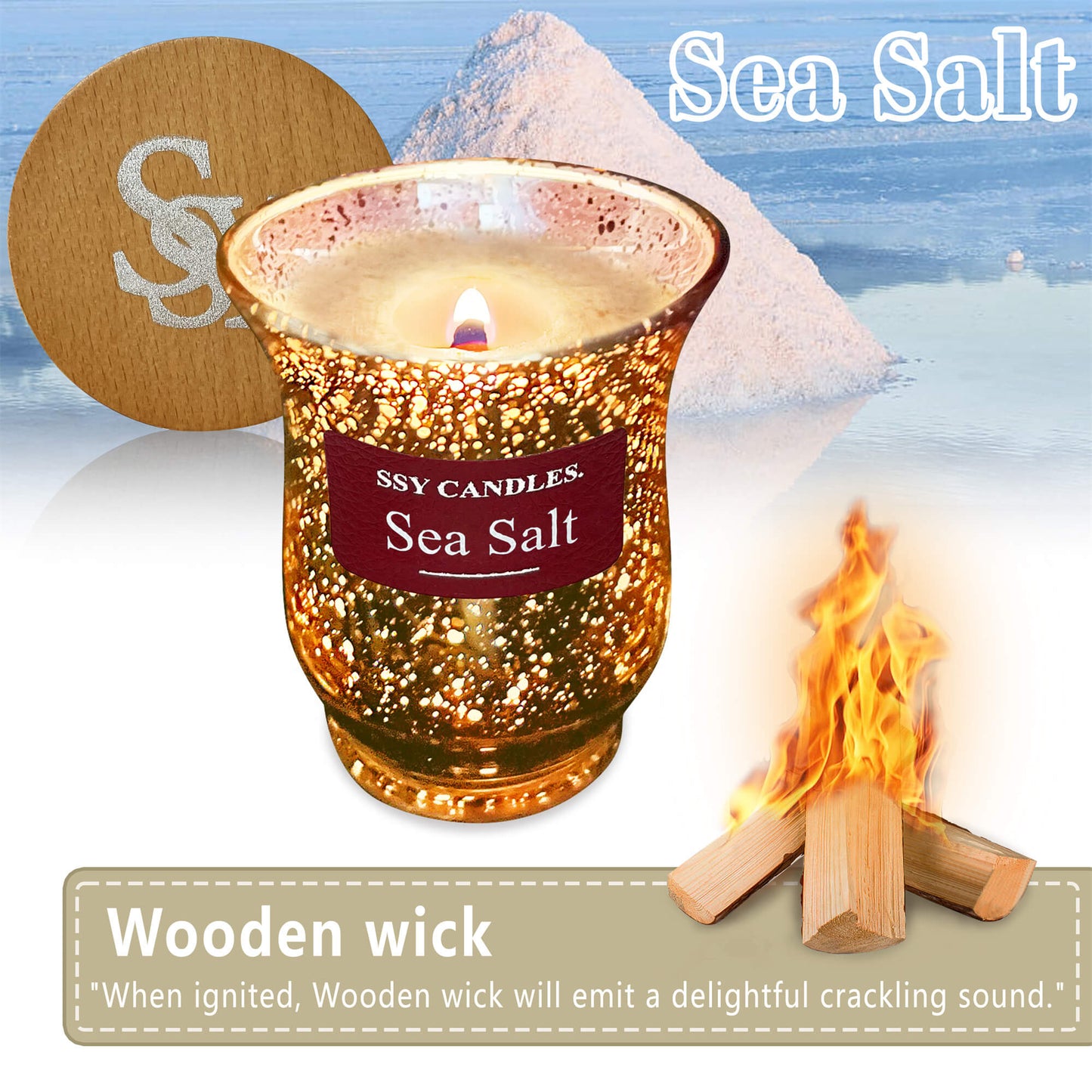 SSY Candles Sea Salt Candle Scent Pretty Scented Candles Wooden Wick & Soy Wax Library Scented Candle