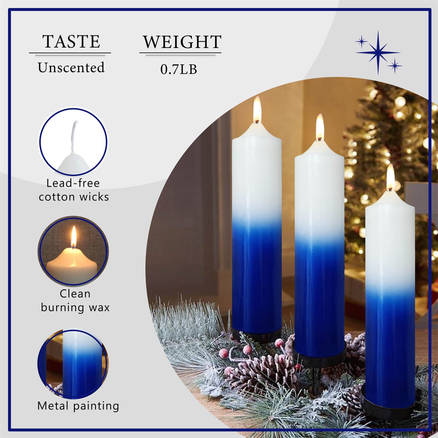 8 Inch Metallic White Blue Pillar Candles 1pcs Pack