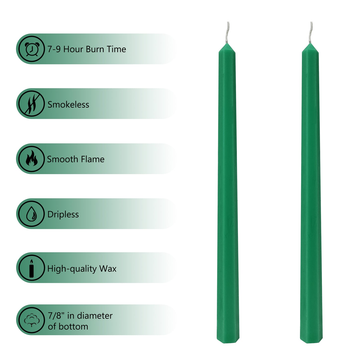 Juego de 4 velas cónicas de 12 pulgadas de largo verde oscuro hechas a mano