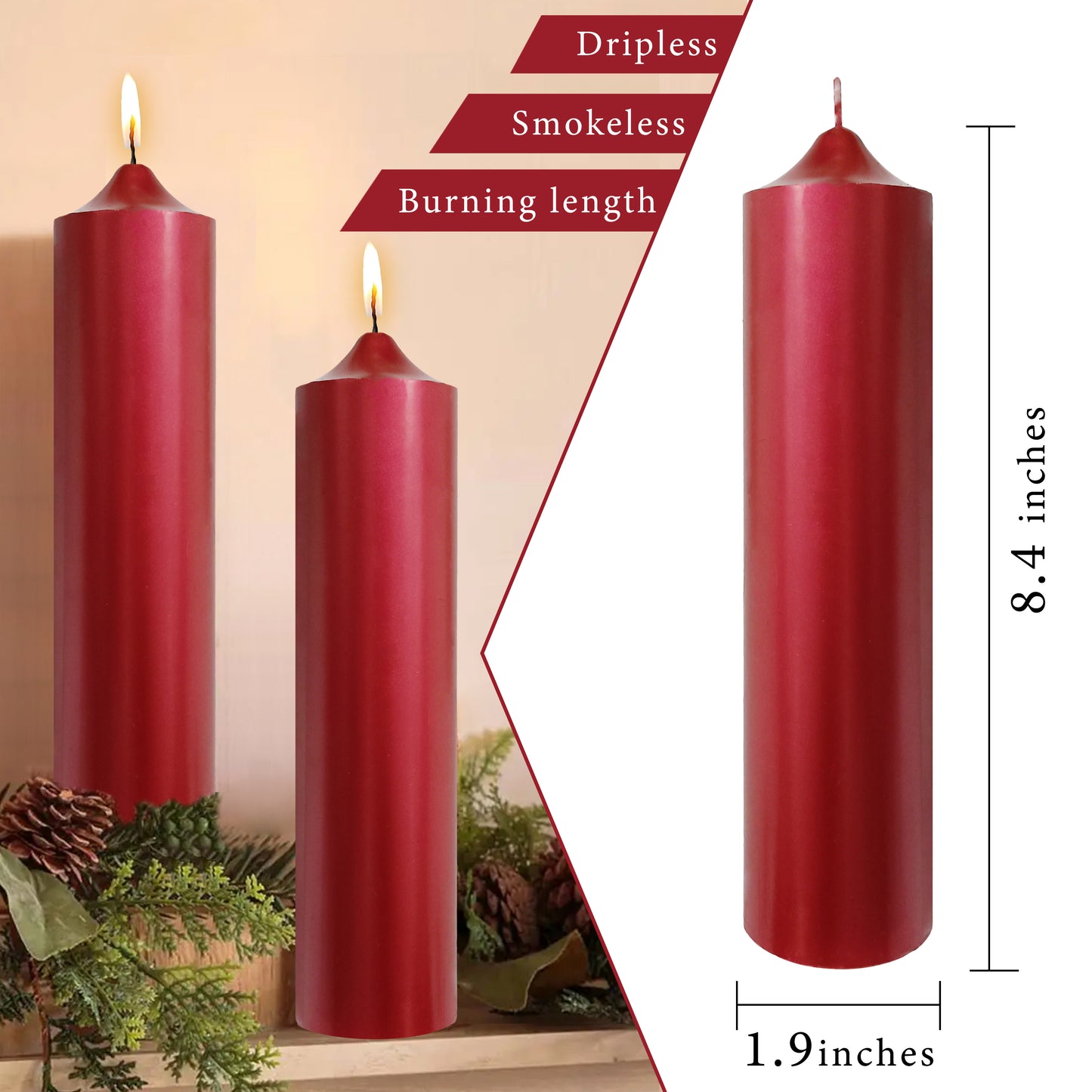 8 Inch Metallic Red Pillar Candles 1pcs Pack