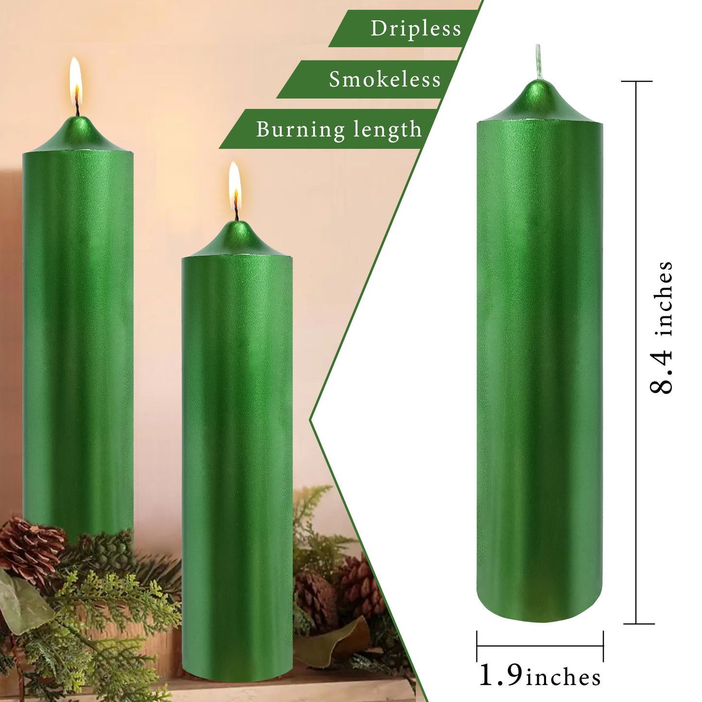 Velas de pilar verde metálico de 8 pulgadas Paquete de 1 piezas