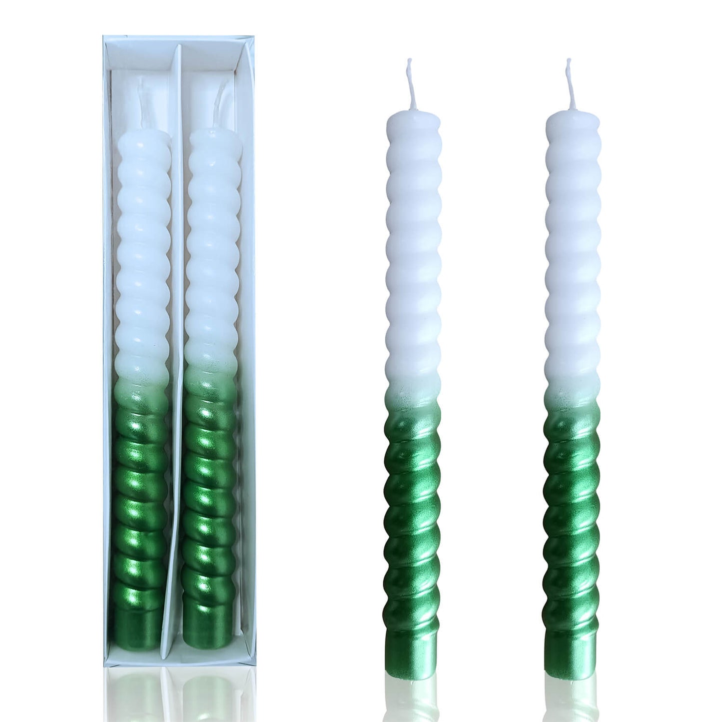 Juego de 2 velas en espiral verde blanco hechas a mano de 8,5 pulgadas