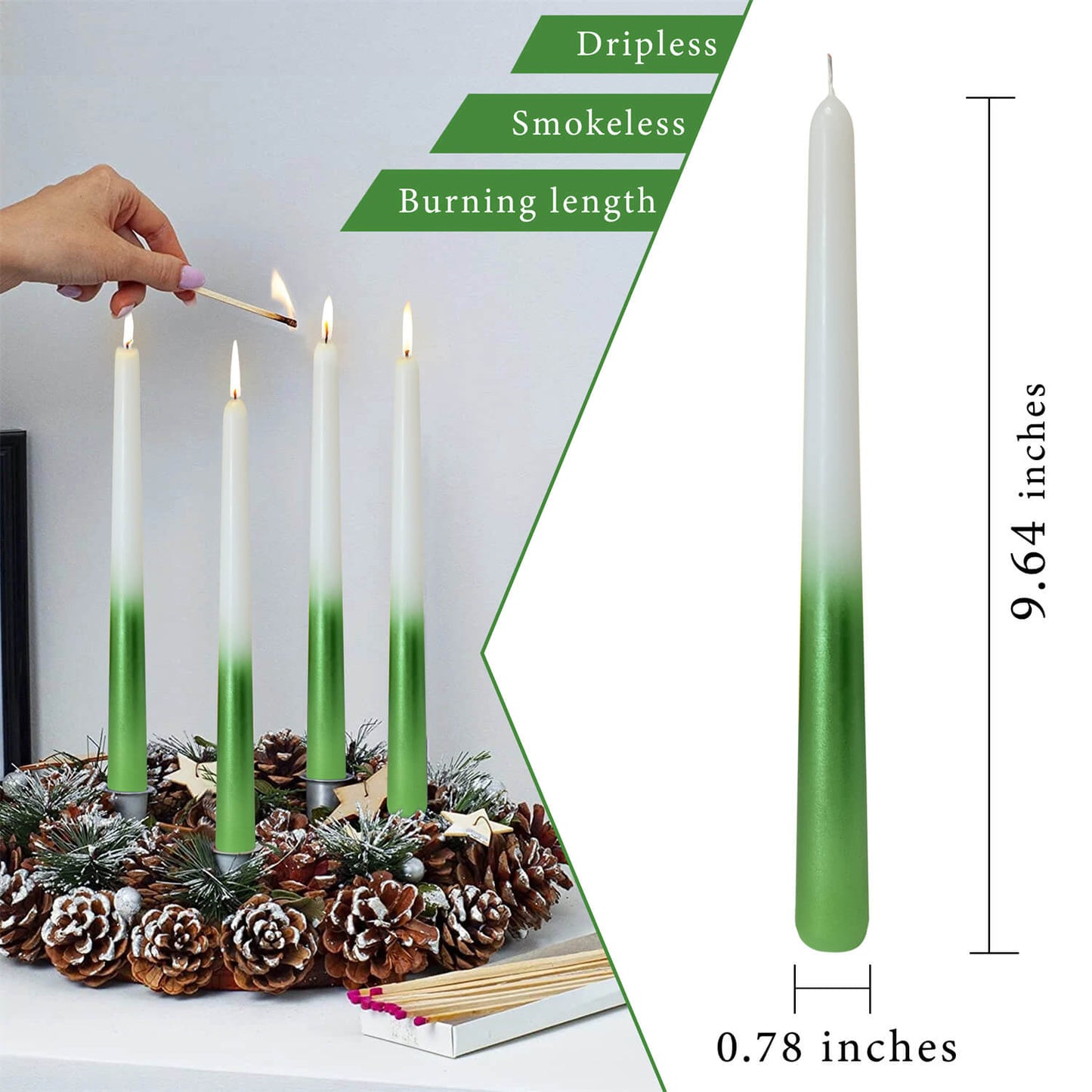 9.5 Inch Dinner Decor Metal White Green Taper Candle Set of 2