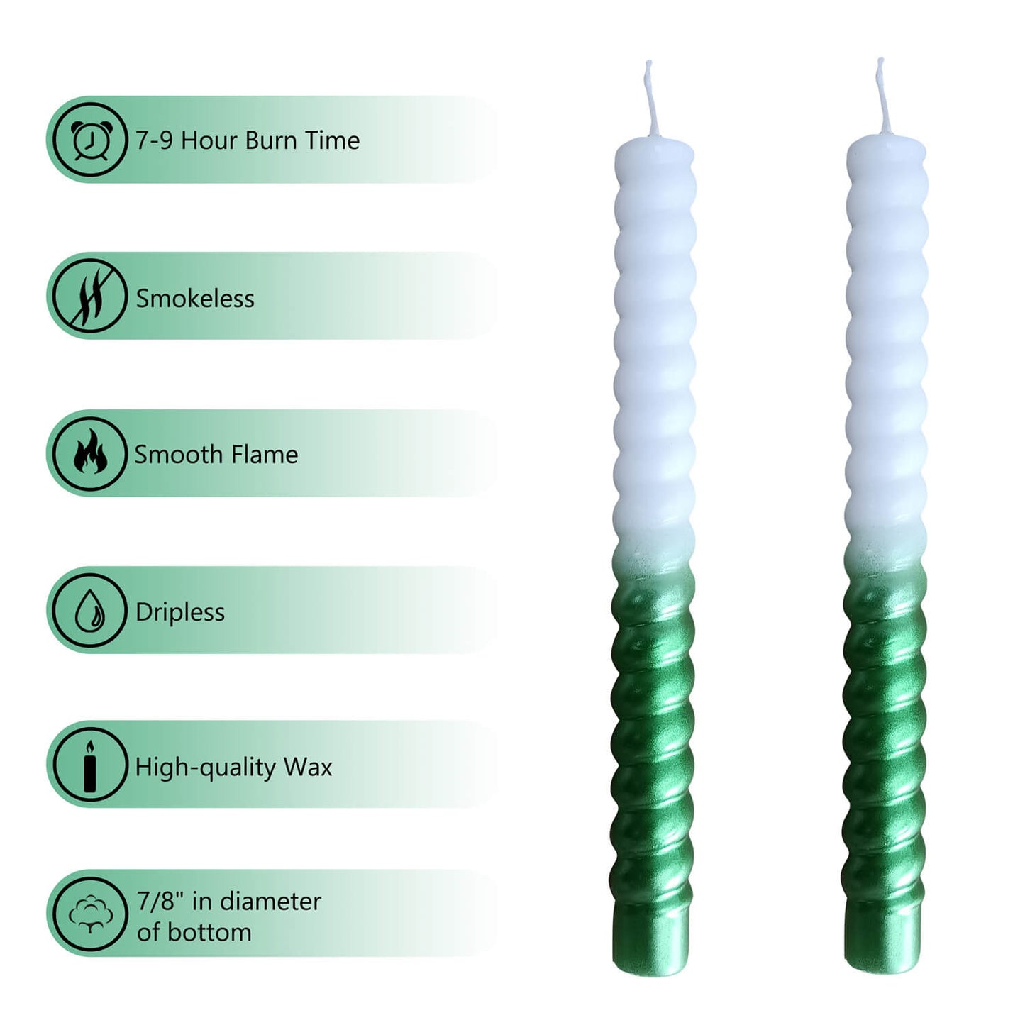 8.5 Inch Handmade White Green Spiral Candle Set of 2